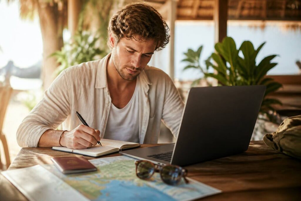 Reiziger vergelijkt vakanties aan tafel met laptop, kaart en reisdocumenten