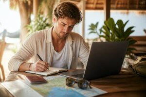 Reiziger vergelijkt vakanties aan tafel met laptop, kaart en reisdocumenten