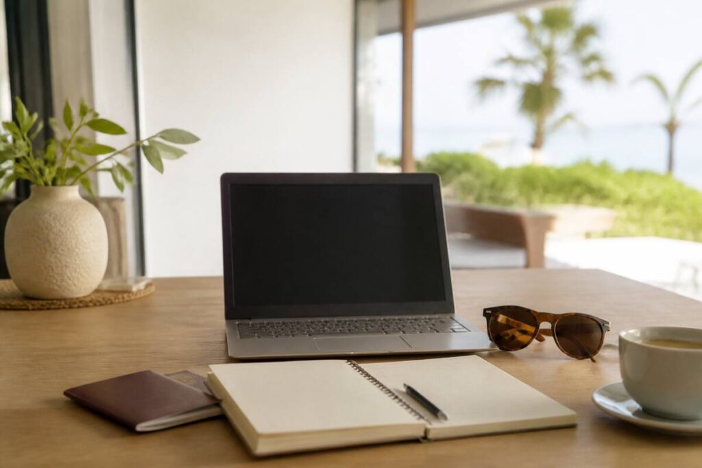Reiziger bereidt een vakantie voor met laptop, notitieboek en reisdocumenten