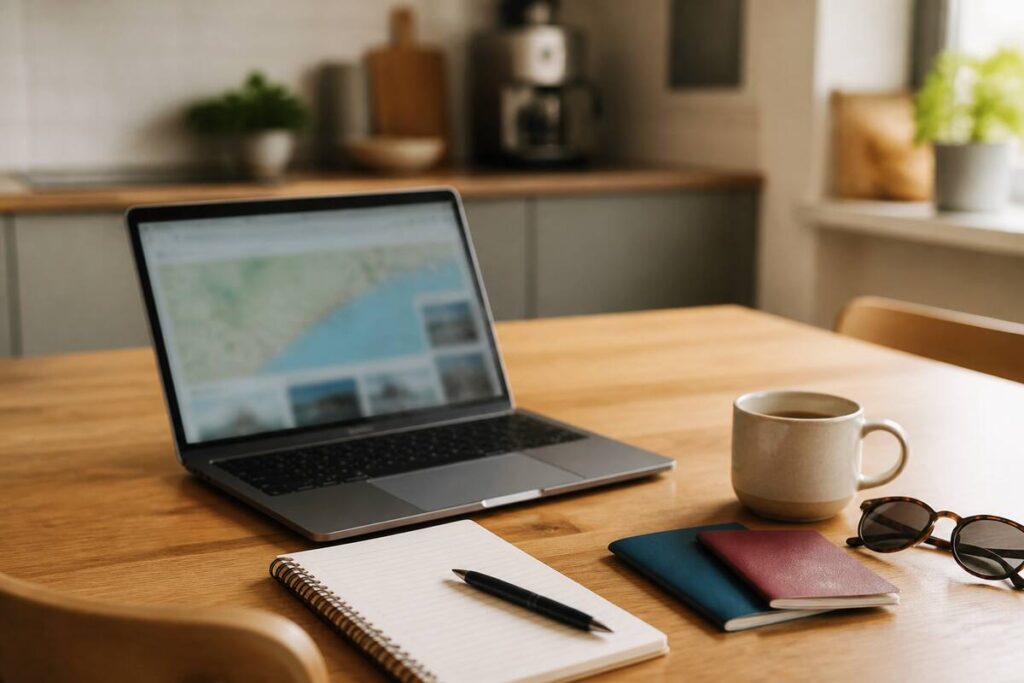 Laptop en notitieboekje op tafel tijdens het plannen van een vakantie