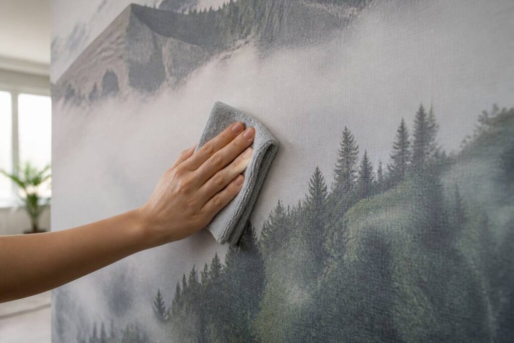 Iemand reinigt fotobehang voorzichtig met een microvezeldoek