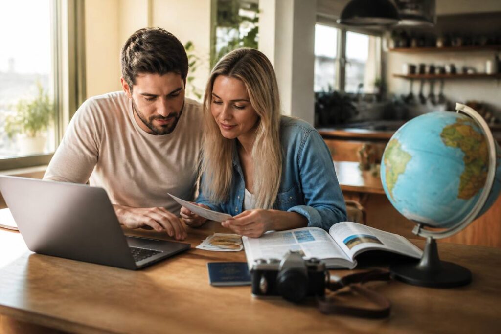 Een stel vergelijkt vakanties op een laptop aan de keukentafel met reisgids en globus