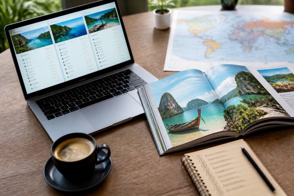 Een shortlist voor vakantie vergelijken met een laptop en reisgids op een bureau