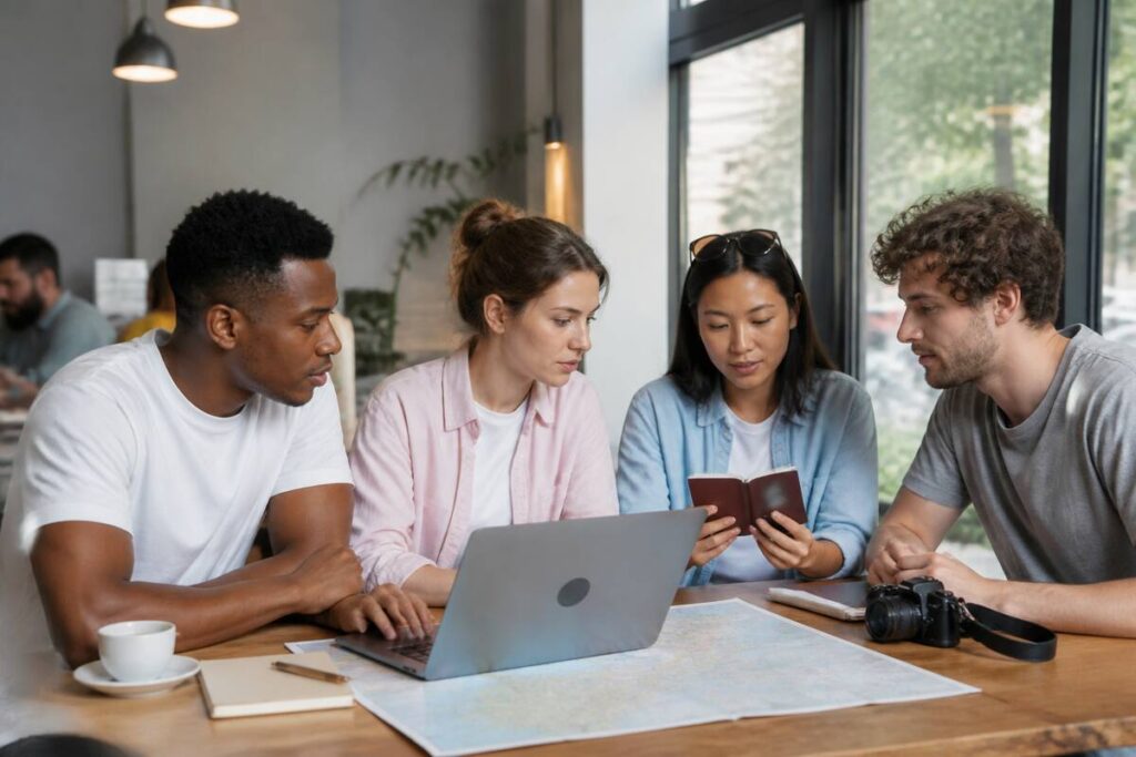 Reizen vergelijken met een checklist op laptop en reisdocumenten aan tafel
