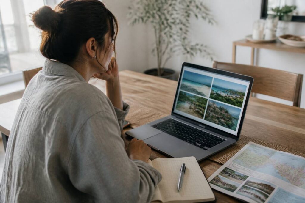 Iemand vergelijkt reizen en vakanties op een laptop met een notitieboek op tafel