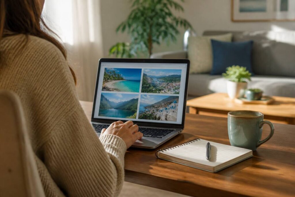 Iemand vergelijkt reisopties op een laptop met aantekeningen op tafel