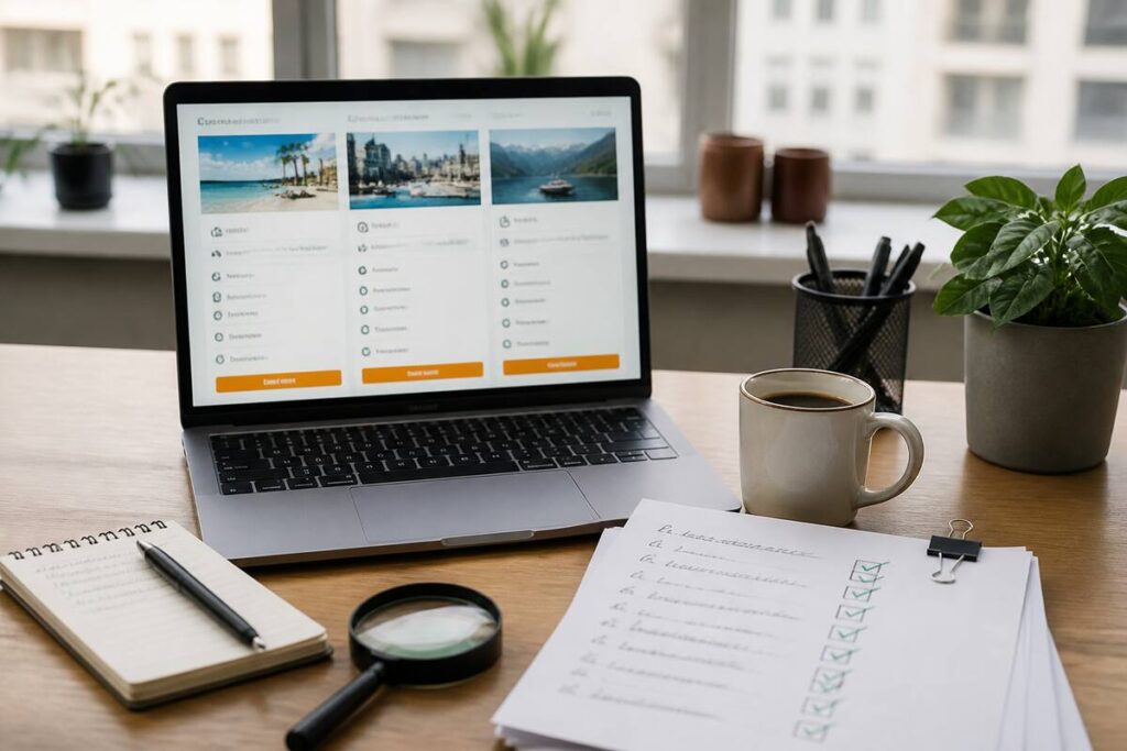 Checklist op een bureau met laptop en reisnotities voor het vergelijken van vakanties