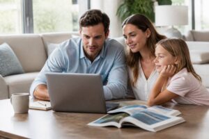 Een stel dat met een laptop en reisnotities reistips en vakanties vergelijkt in een lichte woonkamer
